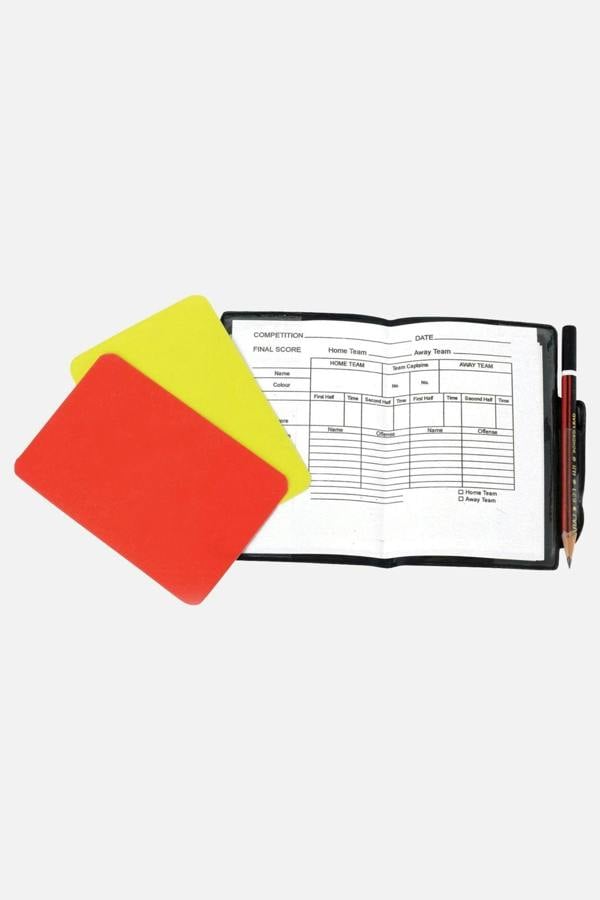 Open referee scorecard wallet with pencil, red and yellow cards fanned beside it - Optimum