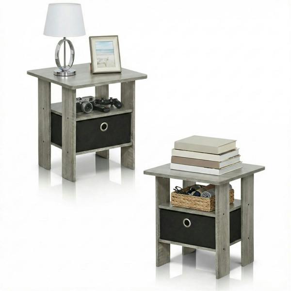 WALPLUS Andrey End Table Nightstand with Bin Drawer, French Oak Grey/Black, Set of | Stylish Table for Home Use with Practical and Modern Design | 2