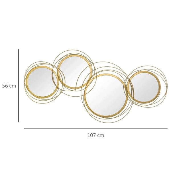 Gold-tone metal wall mirror set, 107 cm wide, five circular ring frames
