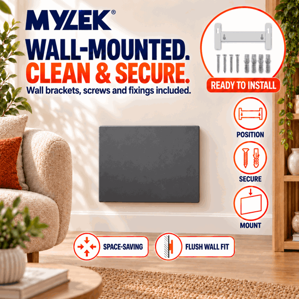MYLEK Electric Radiator Panel Heater Grey WIFI Smart APP Eco 1200W Bathroom Safe Wall Mounted Timer Thermostat