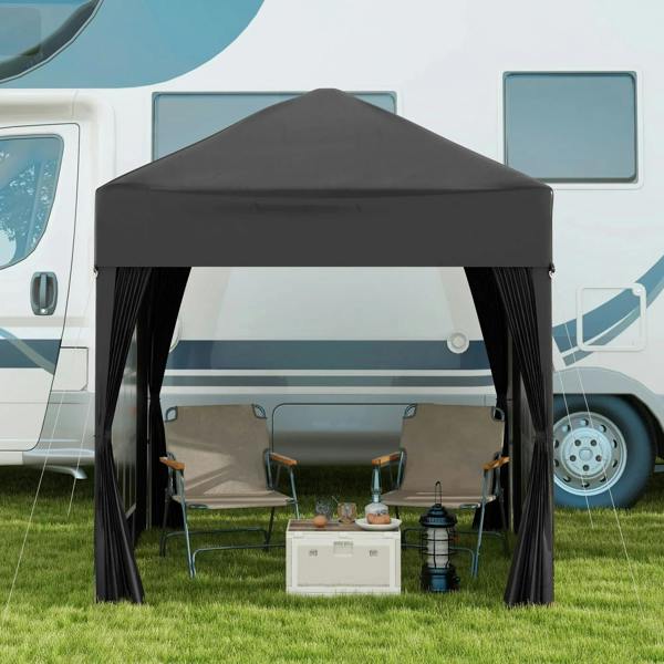 Black pop-up gazebo with open side curtains and interior seating underneath