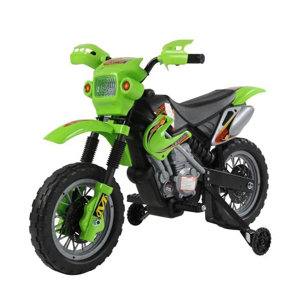 Green kids electric ride-on motorcycle scooter with black seat and front lights