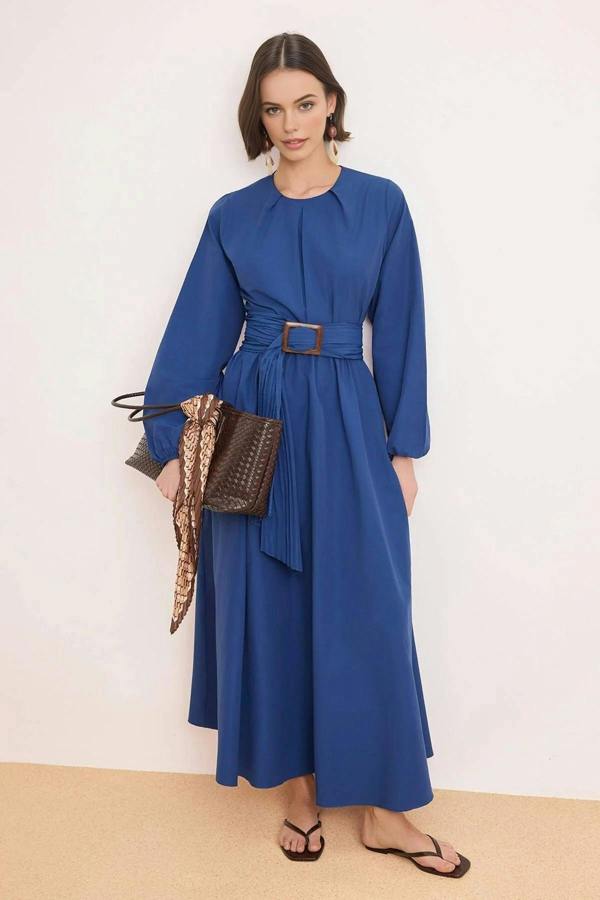 WOVCOR Unlined Pleated Belt Buckle Detail Woven Dress