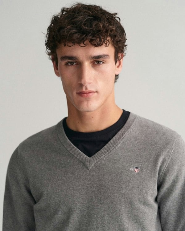 GANT Mens Classic Cotton V-Neck Jumper - 92 Dark Grey Melange