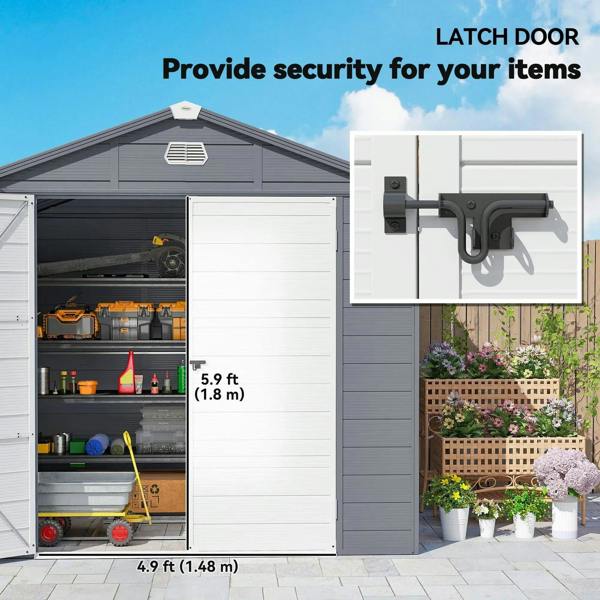 Grey wall shed with double-door latch hardware and visible inner storage