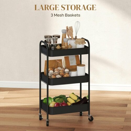 Wyld Haus Varafi Metal Black 3 Tier Steel Storage Trolley With Wheels