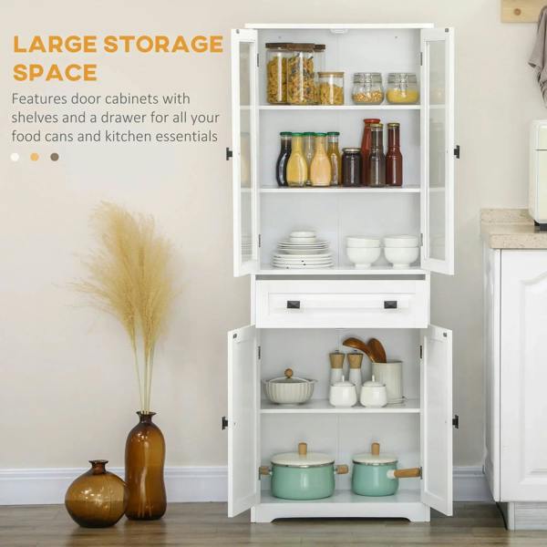 White cabinet with open glass shelves, top storage, and lower drawer and shelves