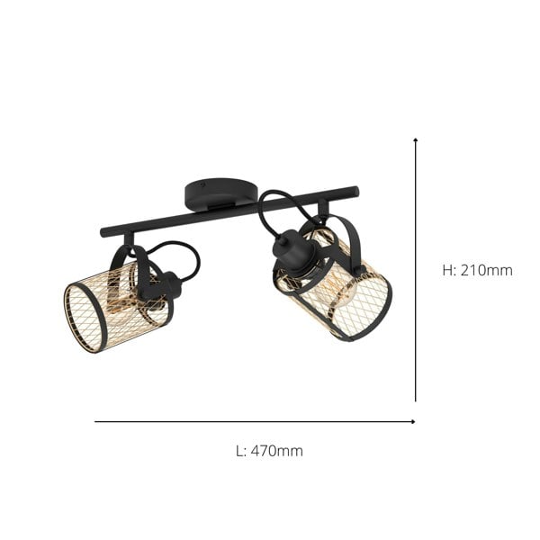 EGLO Dellow 2 Light Black Steel Lattice Style Adjustable Wall Or Ceiling Spotlight