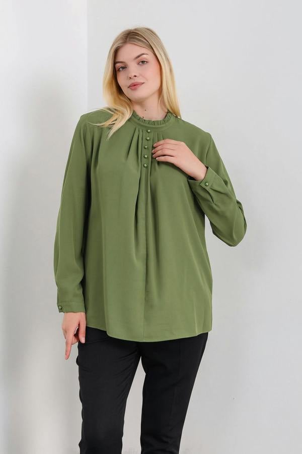 Hoxton Gal Oversized Ruffle Neck Top with Long Sleeves in Khaki