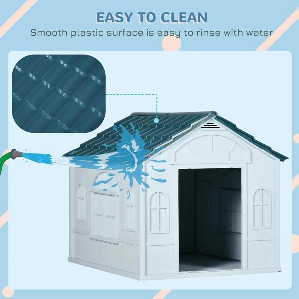 White plastic dog house with blue roof with water-splash easy-cleaning graphic