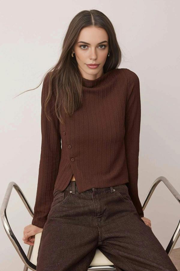 WOVCOR Asymmetrical Flexible Knit Blouse with Button Detail