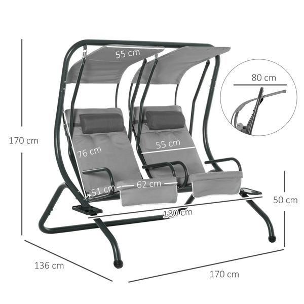 Grey two-seat canopy swing chair with handrails, shown with size measurements