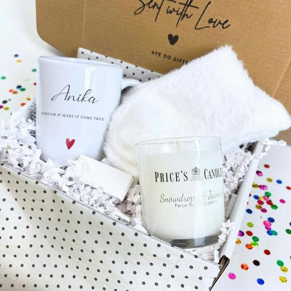 Personalised Name Mug, Candle & Socks Gift Hamper | Sister Friend Daughter