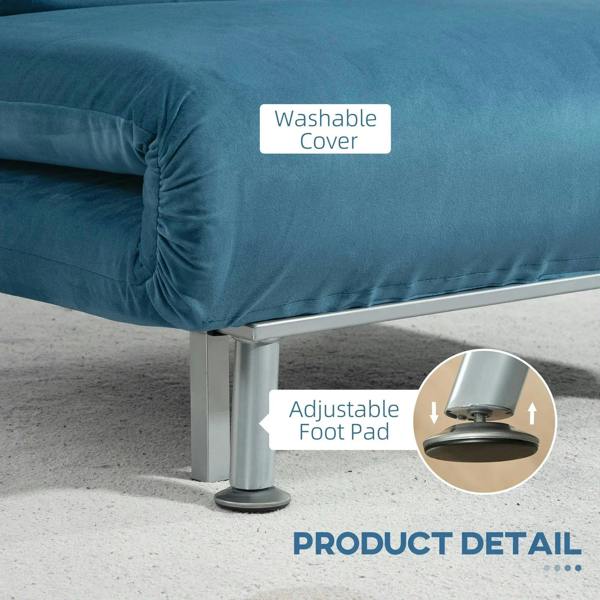 Blue sleeper chair corner with washable cover label and adjustable foot pad detail