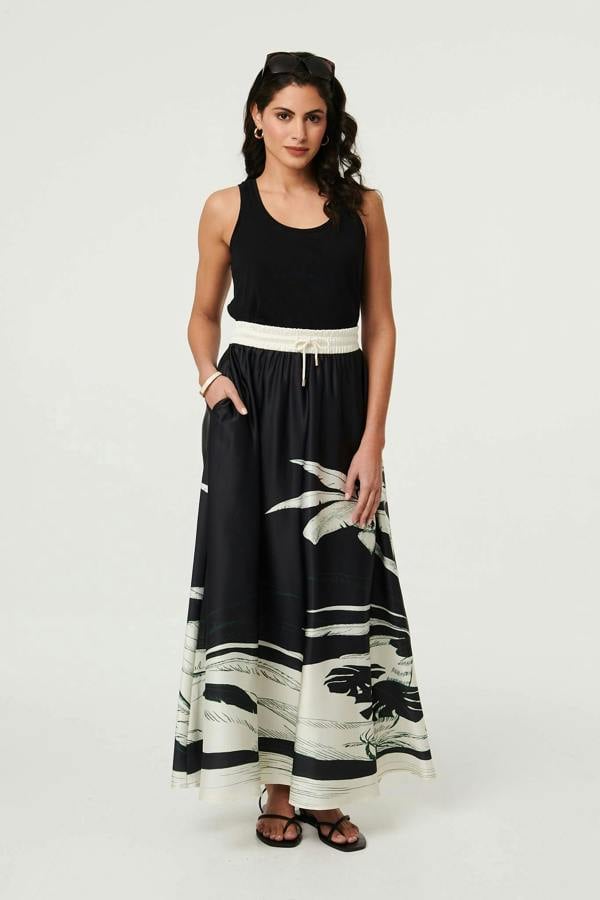 Black | Tropical Print High Waist Maxi Skirt