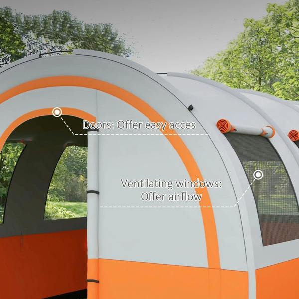 Tent front with arched door, mesh windows, and ventilating airflow panels