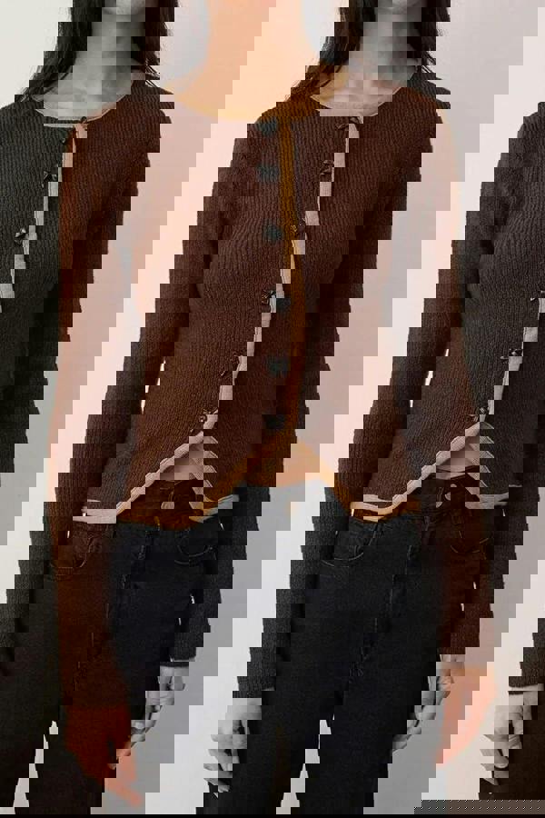 WOVCOR Crop Knit Cardigan with Ribbon Buttons Detail