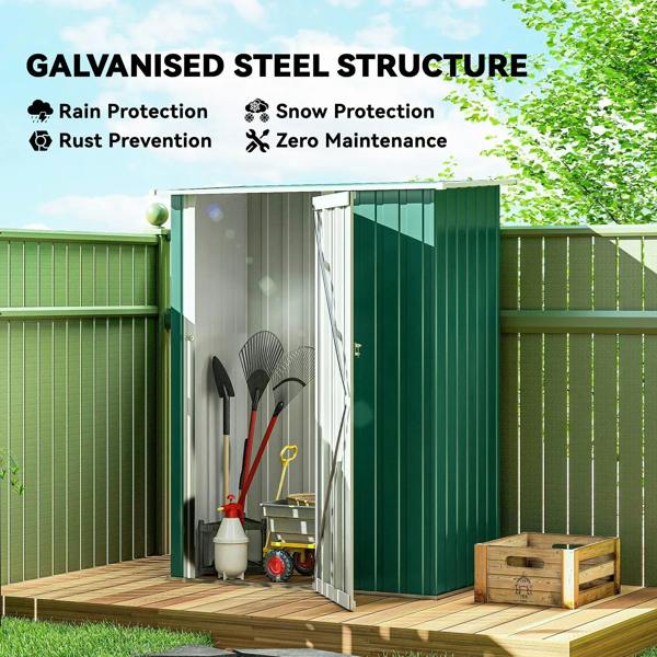 Green metal storage shed with open door and garden tools, shown with protection icons