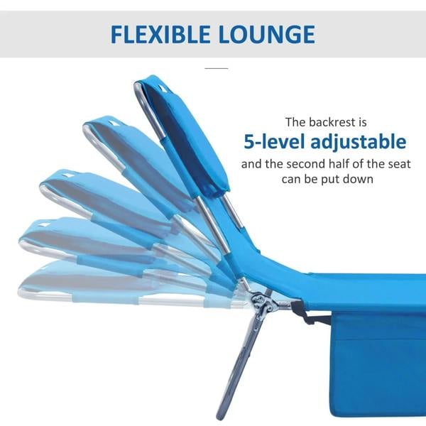 Blue foldable sun lounger with multi-level adjustable backrest and padded headrest