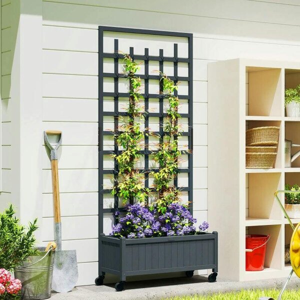 Wooden Trellis Planter, Raised Garden Bed with Wheels, to Climb and Grow Vegetables, Herbs and Flowers, Grey - Grey
