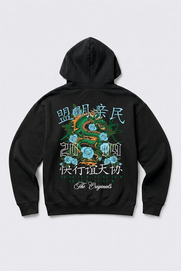 London Attitude Relaxed Fit Dragon Graphic Hoodie in Black