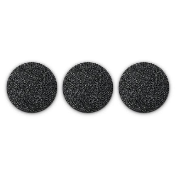Three black, round abrasive discs—Go Smooth Replacement Heads by Rio (Pack of 3)—for your electric foot file are arranged in a horizontal row on a white background.