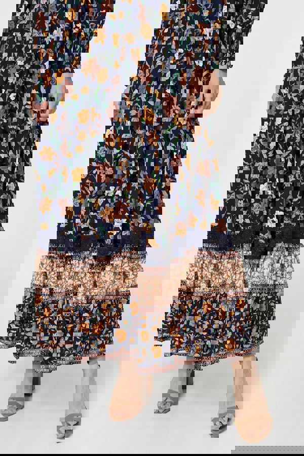 Navy | Floral Border Print Smocked Maxi Dress
