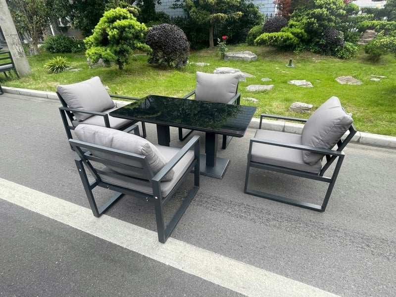 Fimous Aluminum Garden Furniture Dining Set Adjustable Rising Lifting Table And Chairs Patio Outdoor 4 Seat Plus Black Tempered Glass Dark Grey