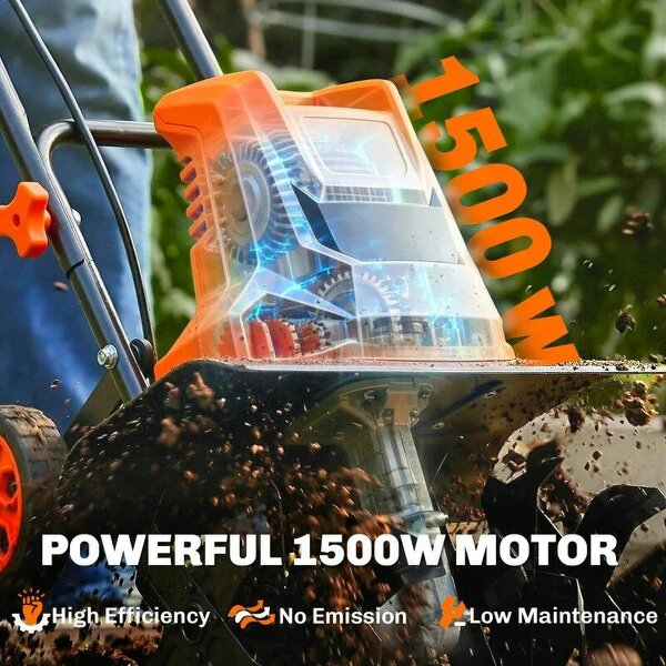 1500W Electric Garden Tiller w/Foldable Handle, 40cm Working Width, 20cm Tilling Depth, 6 Blades, 2 Adjustable Wheels