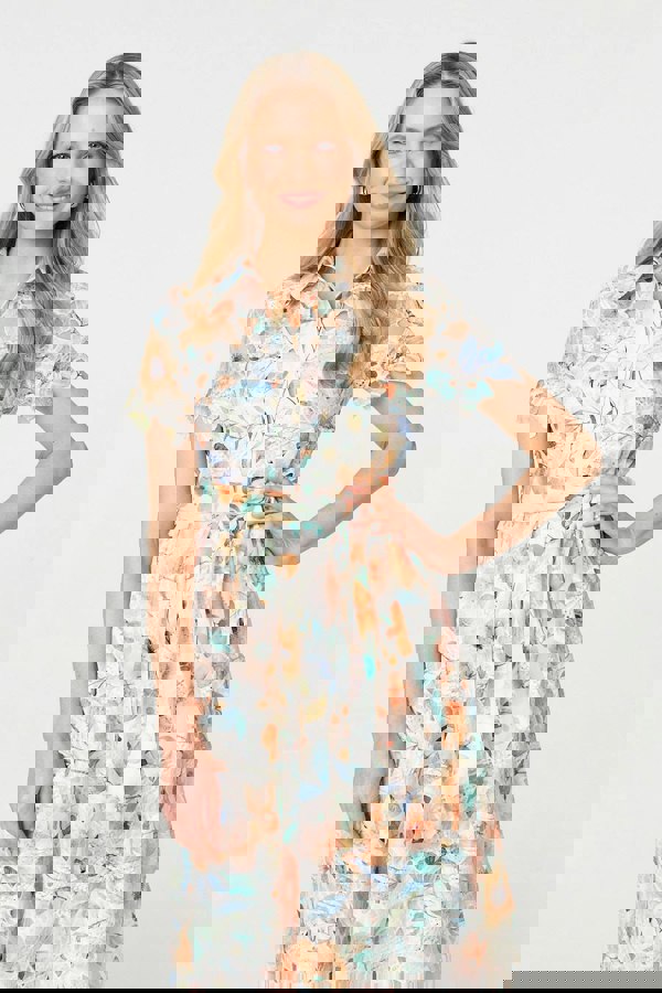 Orange | Floral Cut Out Tie Waist Midi Shirt Dress
