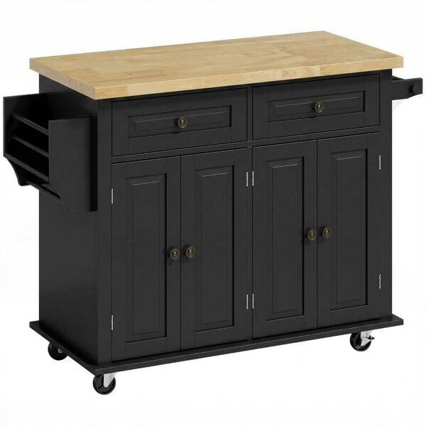 Kitchen Island on Wheels, Rolling Kitchen Trolley with Rubberwood Top, 2 Drawers, Adjustable Shelves, Black
