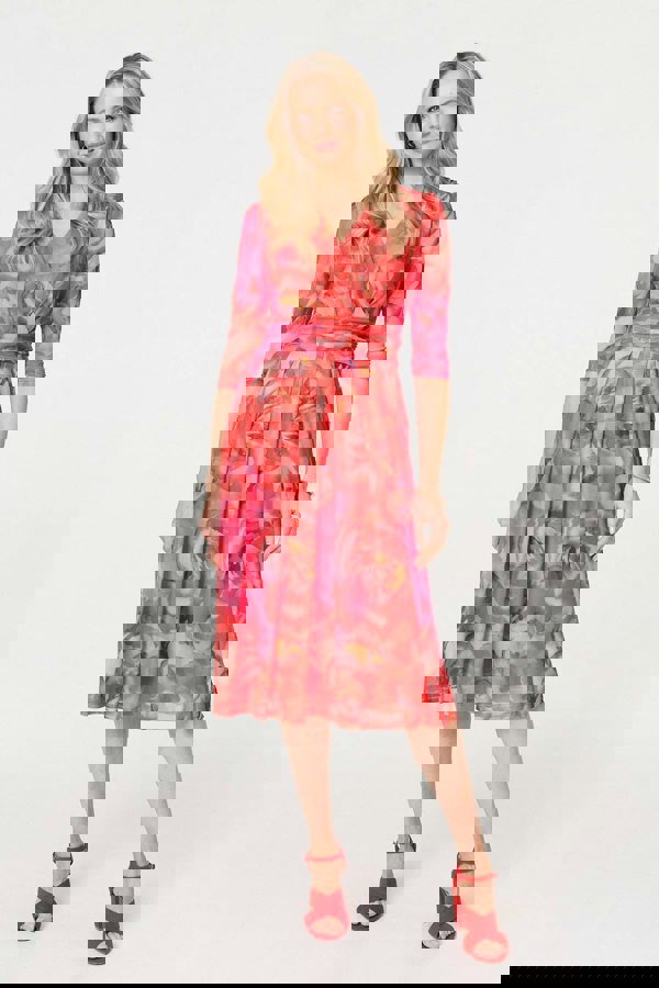 Orange | Floral Mesh Ruched Midi Faux Wrap Dress : Model is 5'10"/178 cm and wears UK10/EU38/US6/AUS10