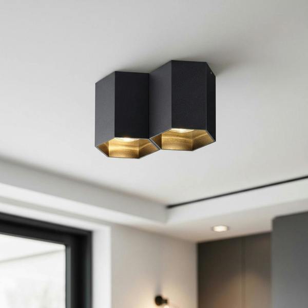black surface ceiling spotlight mounted on the ceiling of a modern home