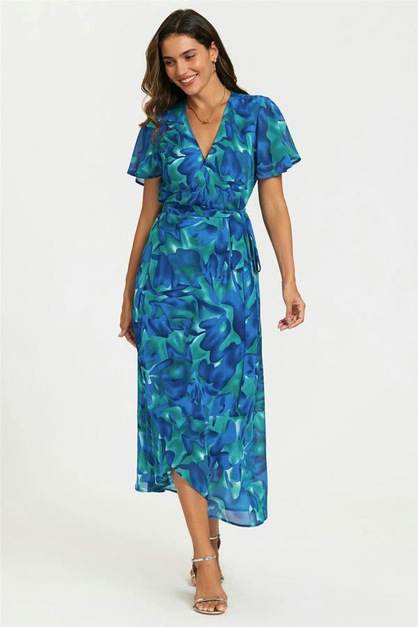 FS Collection Abstract Floral Print Wrap Maxi Dress In Blue