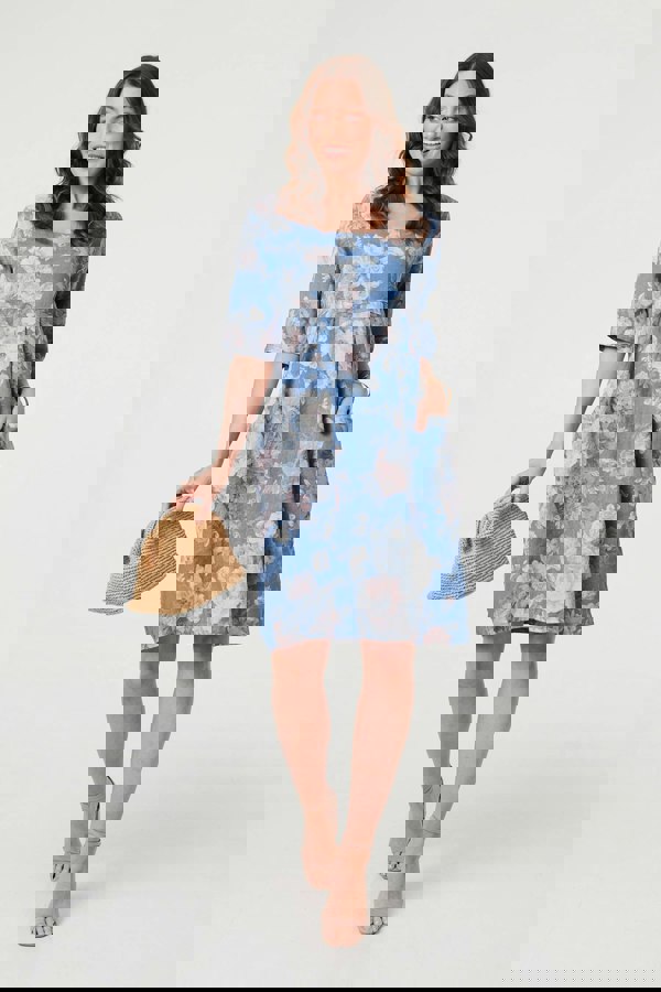 Blue | Floral 3/4 Sleeve Relaxed Short Dress
