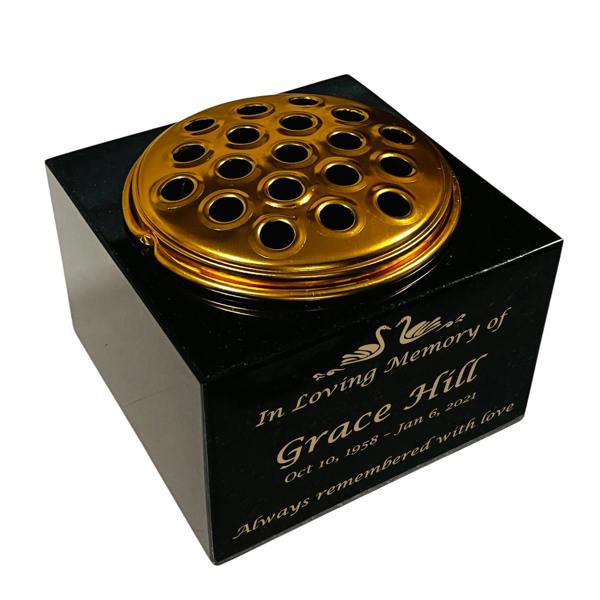 Memorials Direct Granite Memorial Vase with Swan Design 1, Free Personalised Gold Engraving, Solid Granite 6 x 6 x 4 Inches