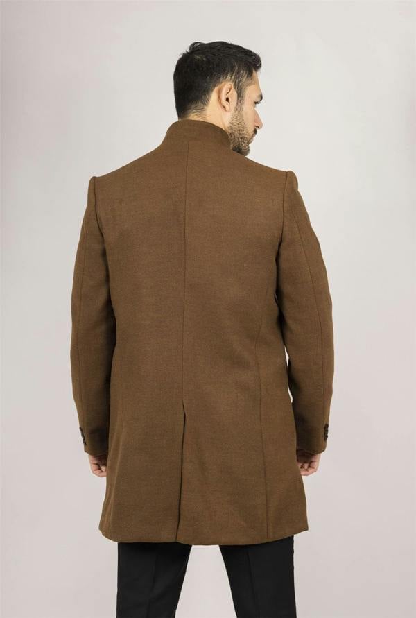 Infinity Leather Men's Brown Stand Collar Wool Blend Overcoat