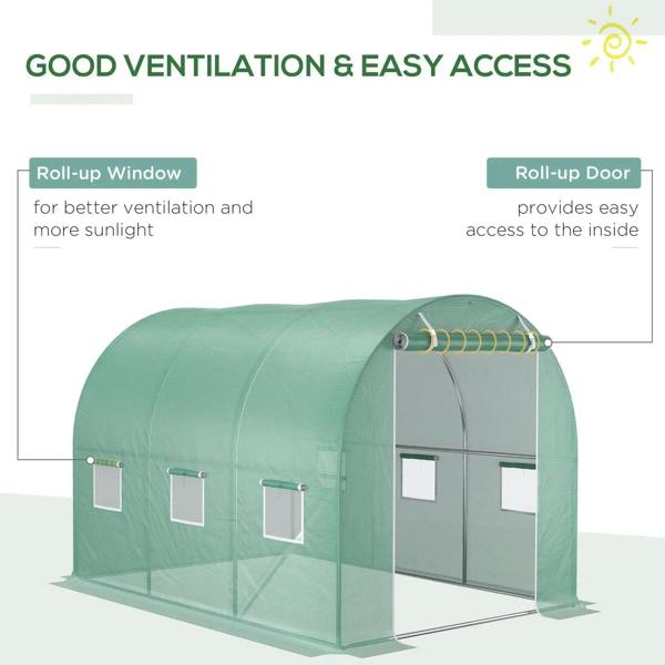 Green PE greenhouse cover featuring roll-up window and roll-up door entry