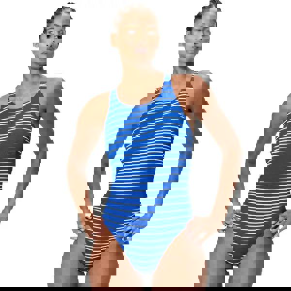 Speedo printed medalist swimsuit in blue and white horizontal stripes with racerback design