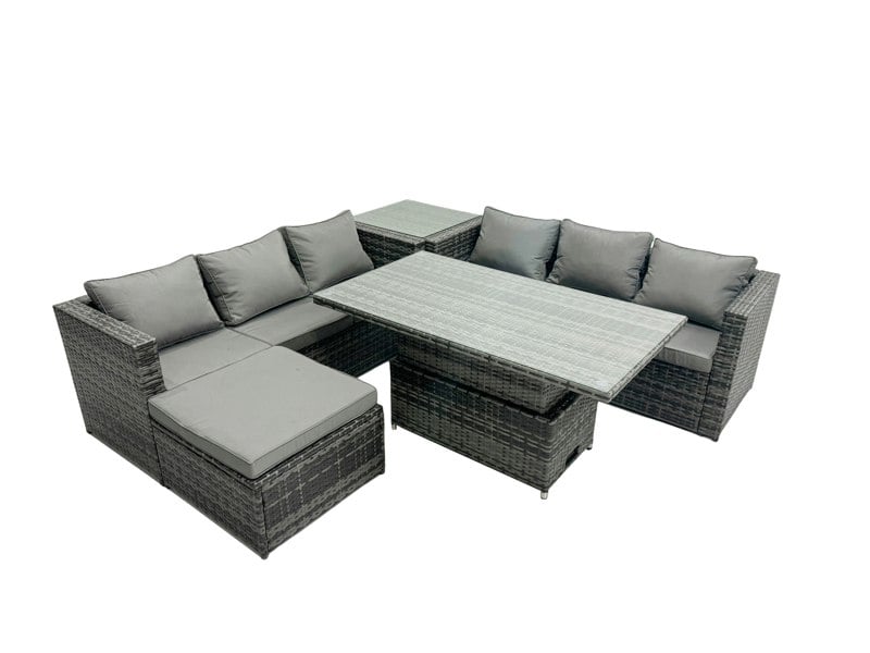 Fimous 7 Seater?Outdoor Rattan Sofa Set Adjustable Rising Lifting Dining Table Side Tea Coffee Table Footstool Dark Grey Mixed