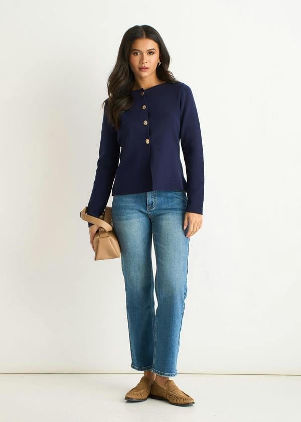 Gini London Navy Button Front Compact Knit Cardigan