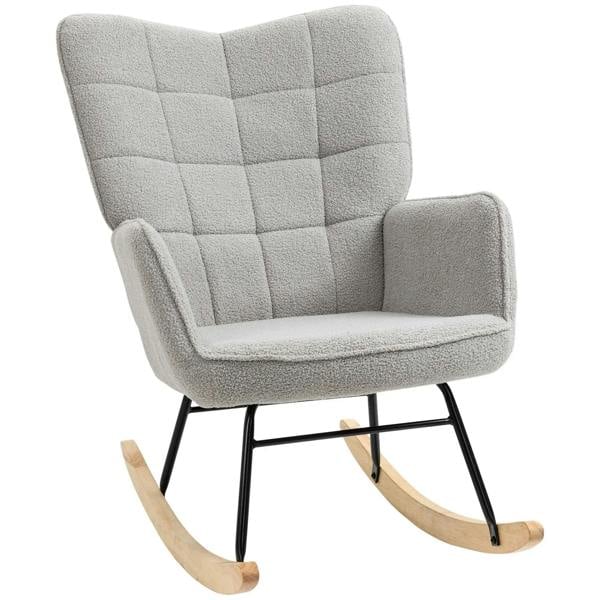 Light grey upholstered nursery glider rocker chair with tufted back and fabric seat