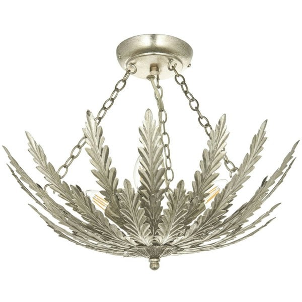 Ornate Silver Flush Ceiling Light Decorative Leaf Design Dimmable 3 Bulb Pendant