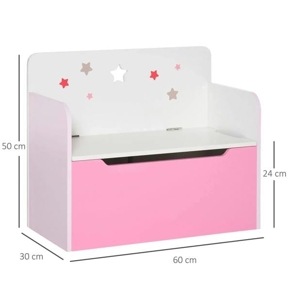 Pink kids toy box storage bench with open lid, white interior, and star decal back.