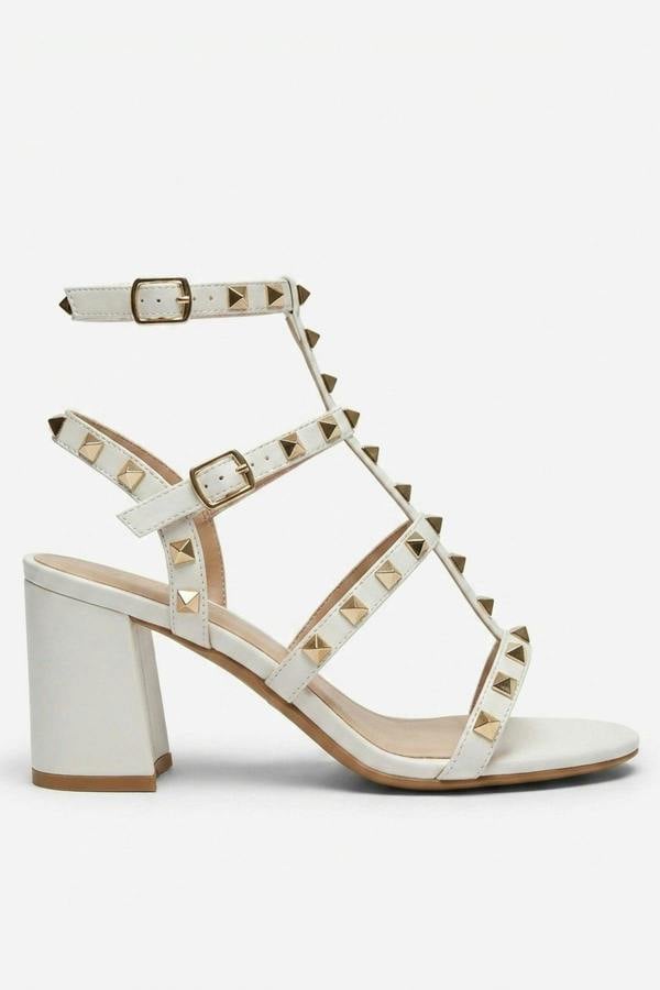 Edie Studded T Bar Block Sandals - White