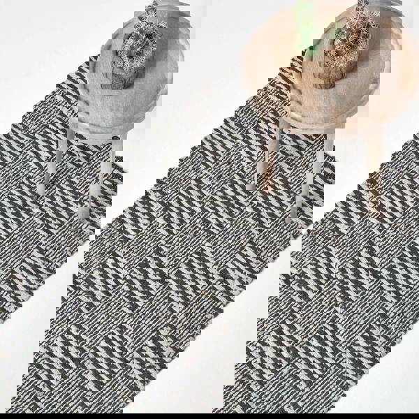 HOMESCAPES Black & White Real Leather Handwoven Striped Block Check Rug