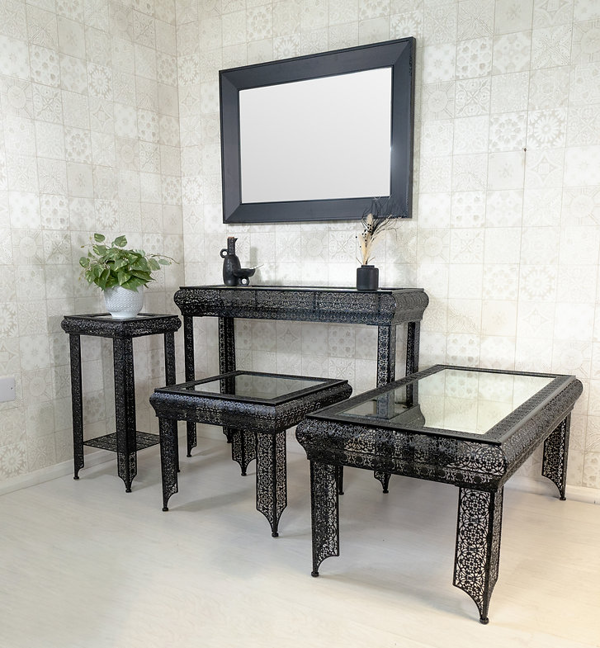 Downton Interiors Black Embossed Metal Mirrored Glass Coffee Table - Agadir Range