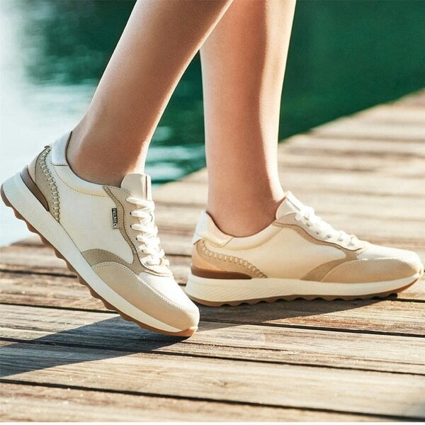Pikolinos Women's Beige Leather Lace Up Sneaker Trainers Shoes - Arrecife