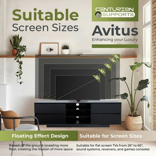 Centurion Supports Avitus Gloss Black with 4-Black Drawers and 3-Shelf 32"-65" LED/LCD/Plasma TV Stand