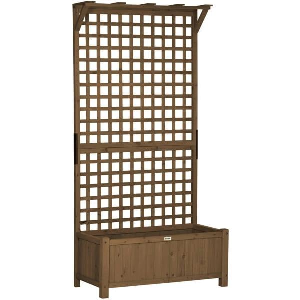 Brown wooden raised planter with trellis grid panel and planter box base